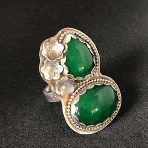 Bohemian style sterling ring with green stone
